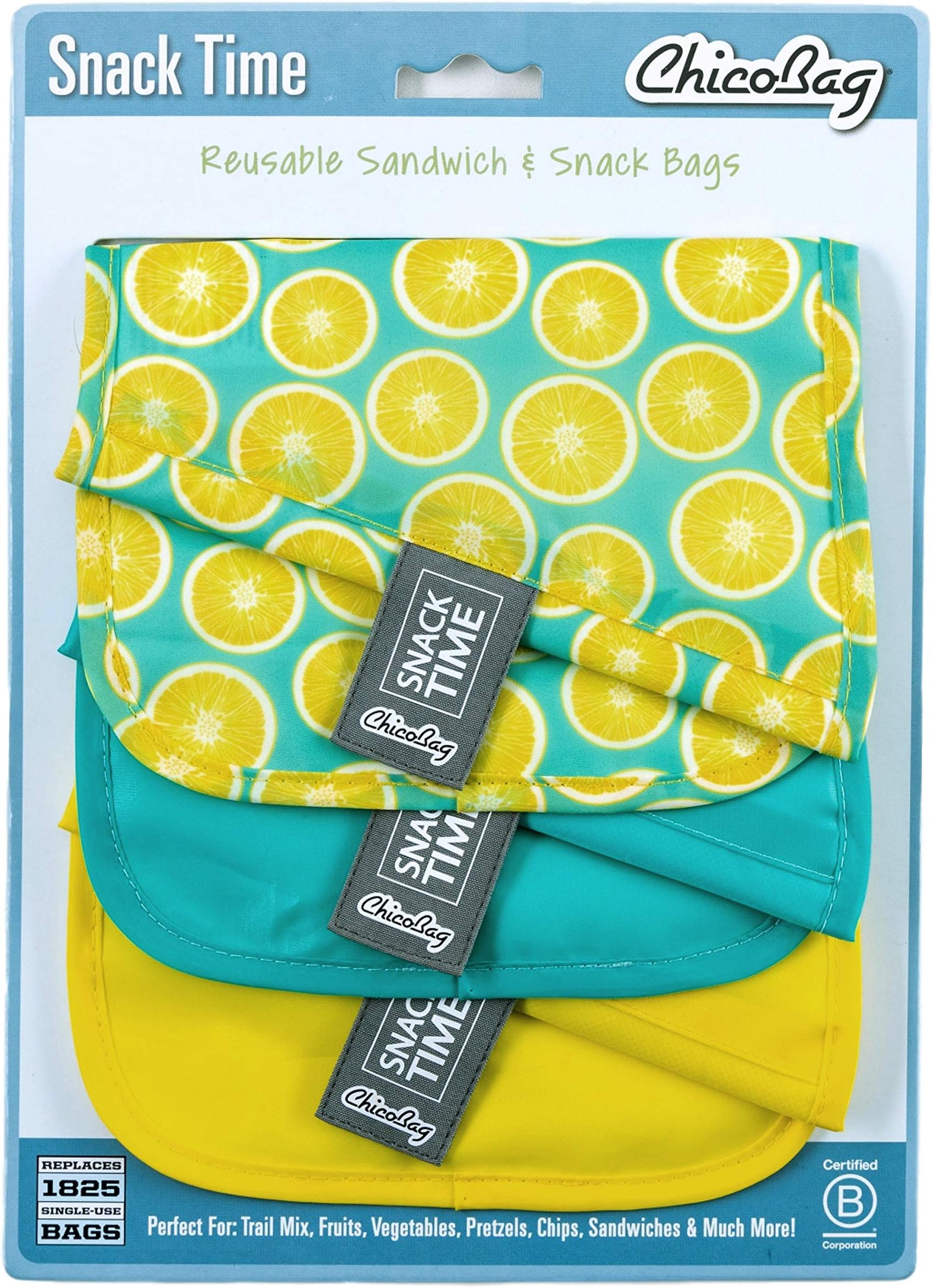ChicoBagSnack Time rePETe Reusable Sandwich Bags w/Secure Hook & Loop | Perfect for Sandwiches & Snacks | Eco-Conscious Baggies | Easy to Clean | Lemon Pattern (Pack of 3)