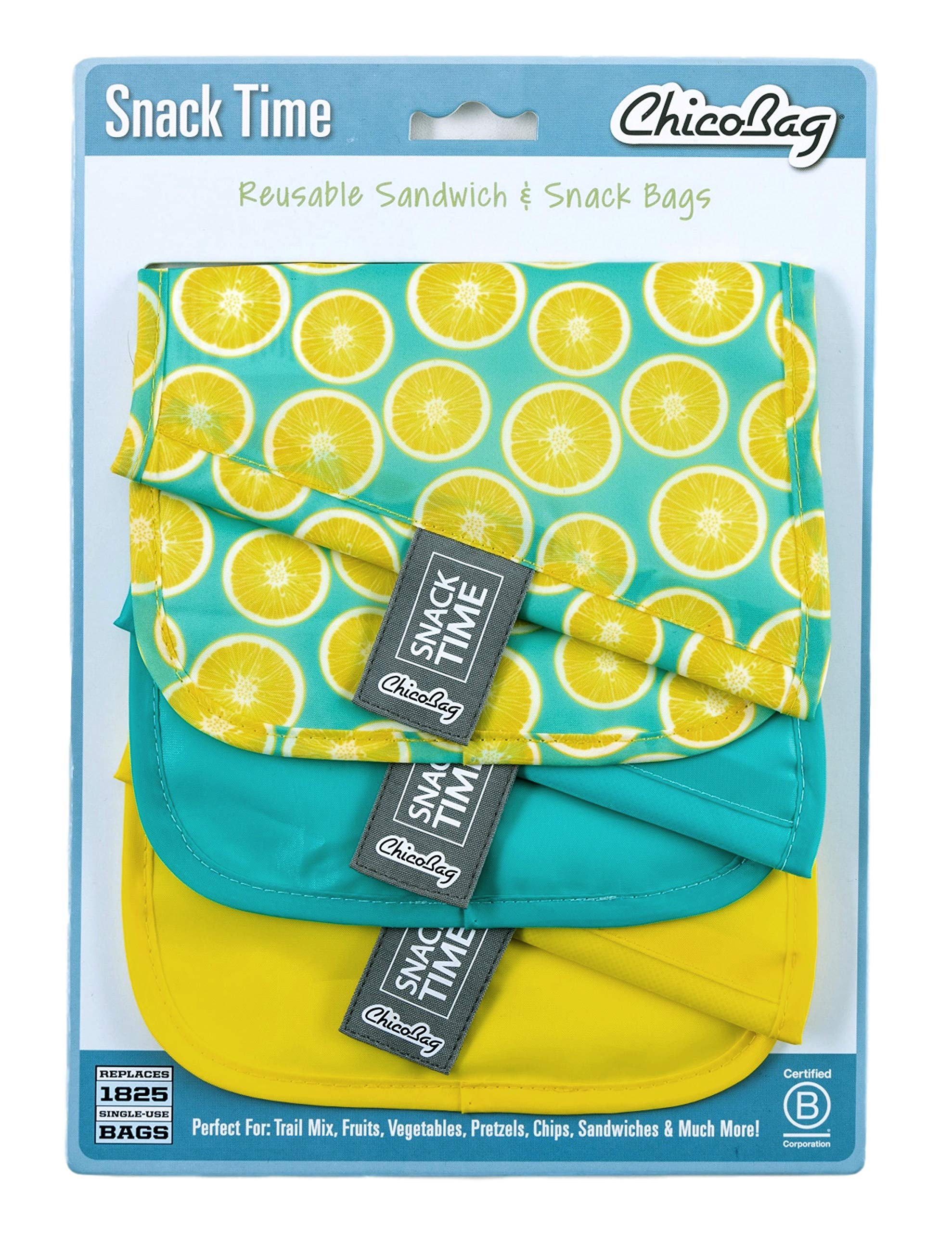 ChicoBagSnack Time rePETe Reusable Sandwich Bags w/Secure Hook & Loop | Perfect for Sandwiches & Snacks | Eco-Conscious Baggies | Easy to Clean | Lemon Pattern (Pack of 3)