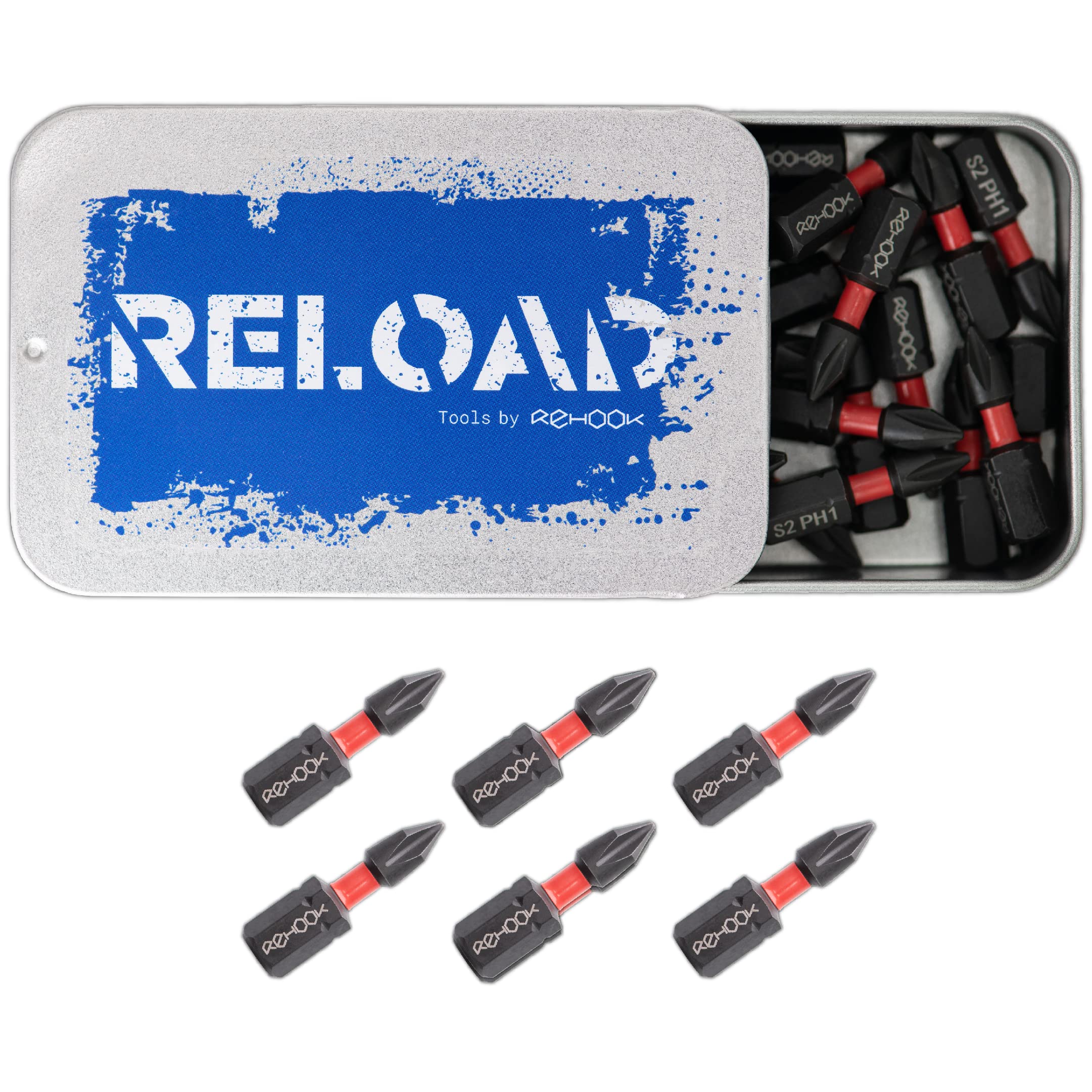 Rehook Reload PH1 Phillips 25mm Impact Screwdriver Bit Set, S2 Steel Drill Driver Bits with 1/4" Hex Shank, Precision-Machined Tool Bits for Impact Drivers and Power Tools