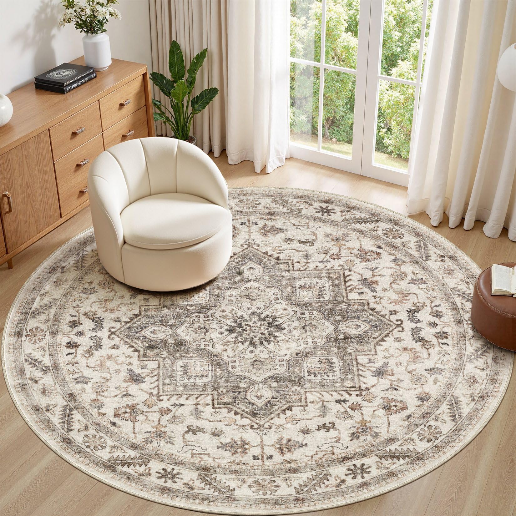 8ft Round Vintage Living Room Area Rug - 8x8 Large Soft Washable Oriental Traditional Distressed Farmhouse Rugs for Bedroom - Indoor Floor Accent Carpet for Home Office House Decor - Light Brown Image