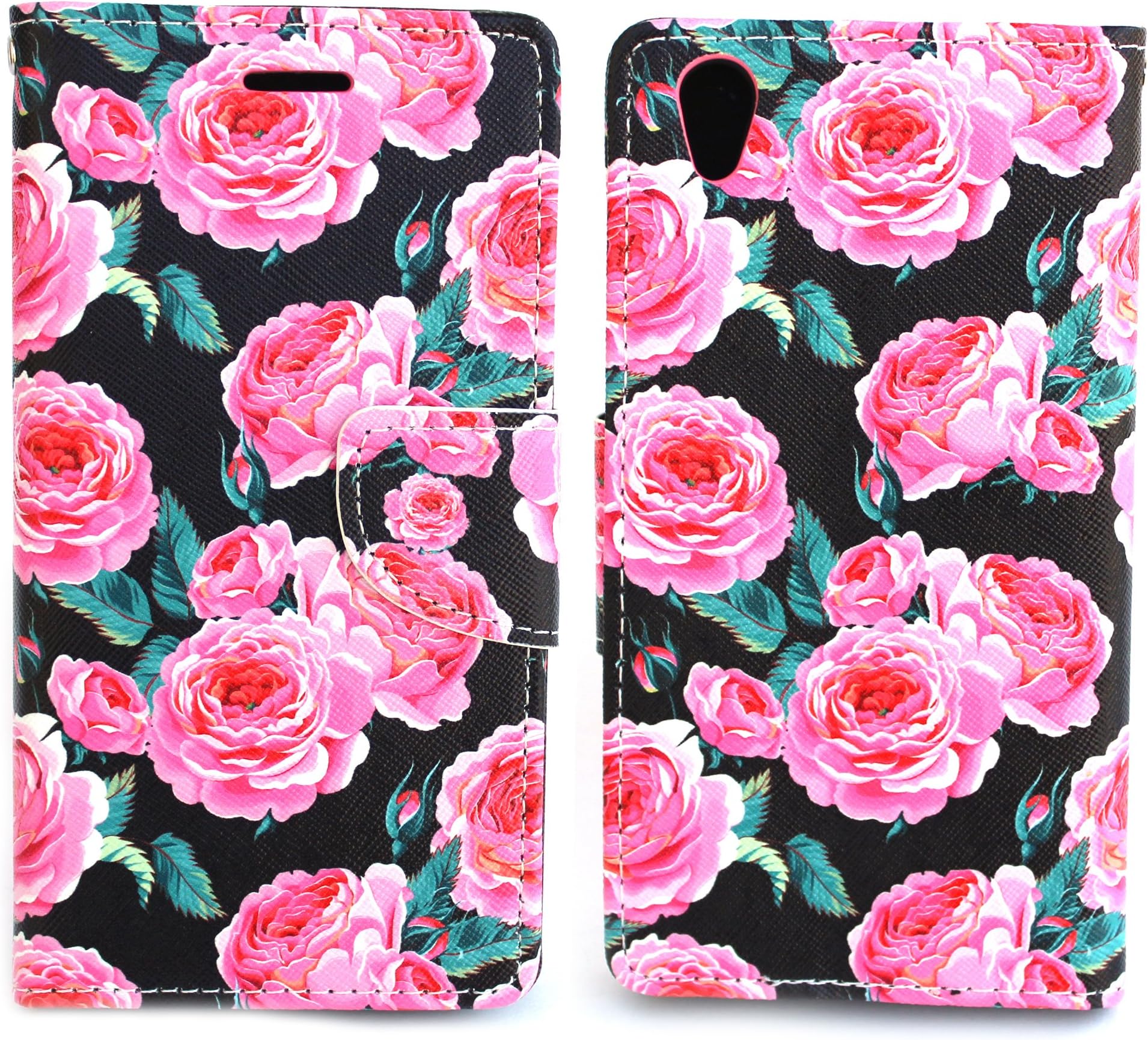 Sharp Icon Fancy Printed Designer Leather Flip Wallet Back Cover Case for Oppo A37 - Black Rose
