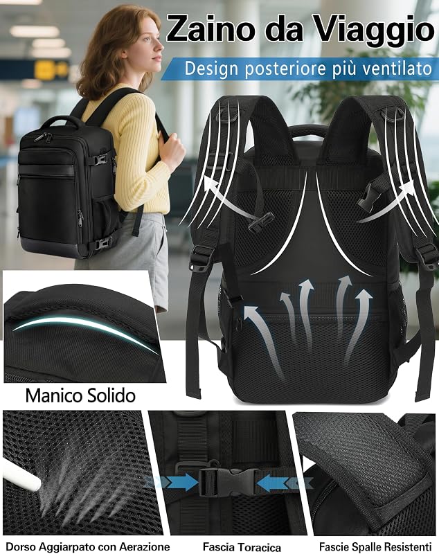 Zaino Ryanair 40x30x20 Bagaglio a Mano Cabina Aereo Under Seat Approvato per EasyJet Wizz Air Eurowings Zaino da Viaggio 24L Porta Computer 15,6 Pollici Nero