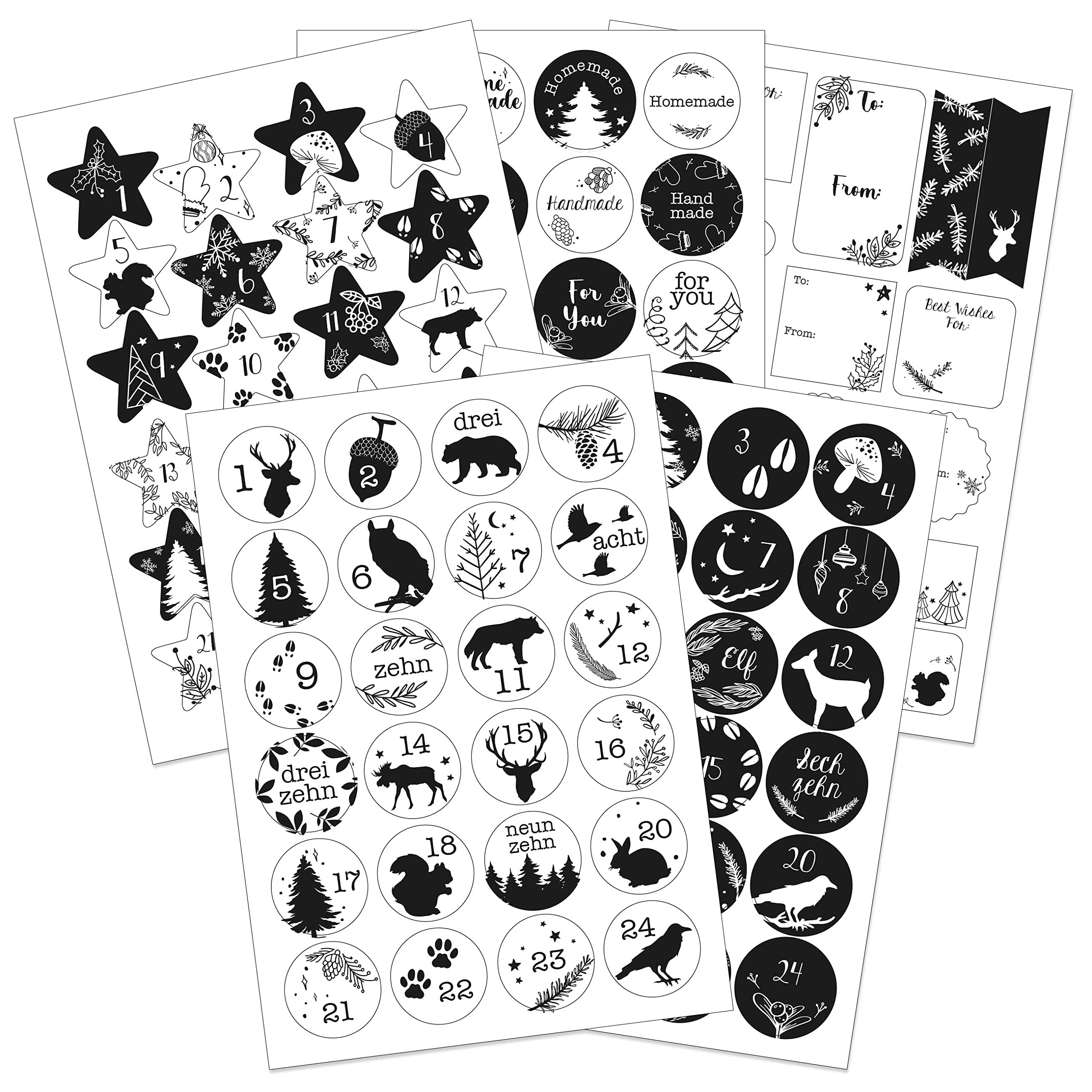 Papierdrachen Gift Set Advent Calendar Number Stickers Motif Black and White with Extra Stickers for Gifts – for Making Christmas Calendars and Gifts