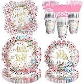 Suhelkit Alice Party Decorations Tableware for Birthday Baby Shower, Princess Tea Theme Alice Birthday Party Supplies, Paper Plate, Napkin, Cup, Disposable Cutlery, 24 Guests