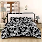 SDIII 3PCS Sugar Skull Comforter Set Queen, Soft Microfiber Lightweight Skull Comforter Queen, Goth Bedding Set for Kids Teens and Skeleton Lovers
