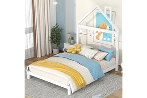 BELLEMAVE Full Bed Frame with Headboard and Slats, Full Size Platform Bed with House Shaped Headboard, Full Size Bed for Kids, Boys, Girls, White