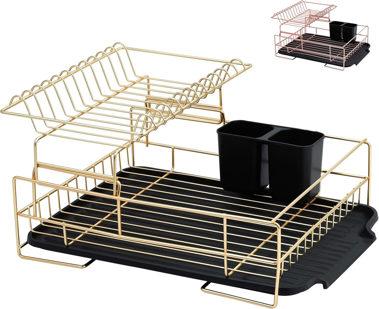 Gold Dish Drying Rack, 2 Tier Dish Drying Rack - Large Dish Rack and Drainboard Set, Dish Drainers for Kitchen Counter- Gold Dish Rack with Easy Sink Drain Edge