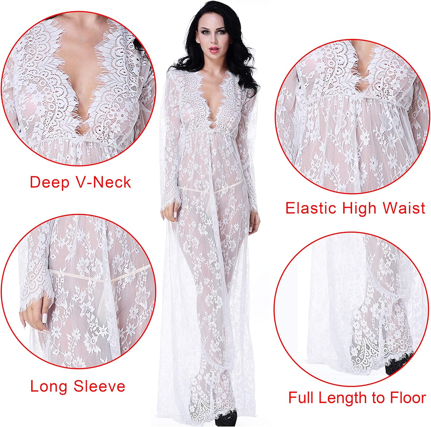Women's Sexy See-Through Lace Babydoll Nightwear Long Gown Lingerie Dress: Clothing