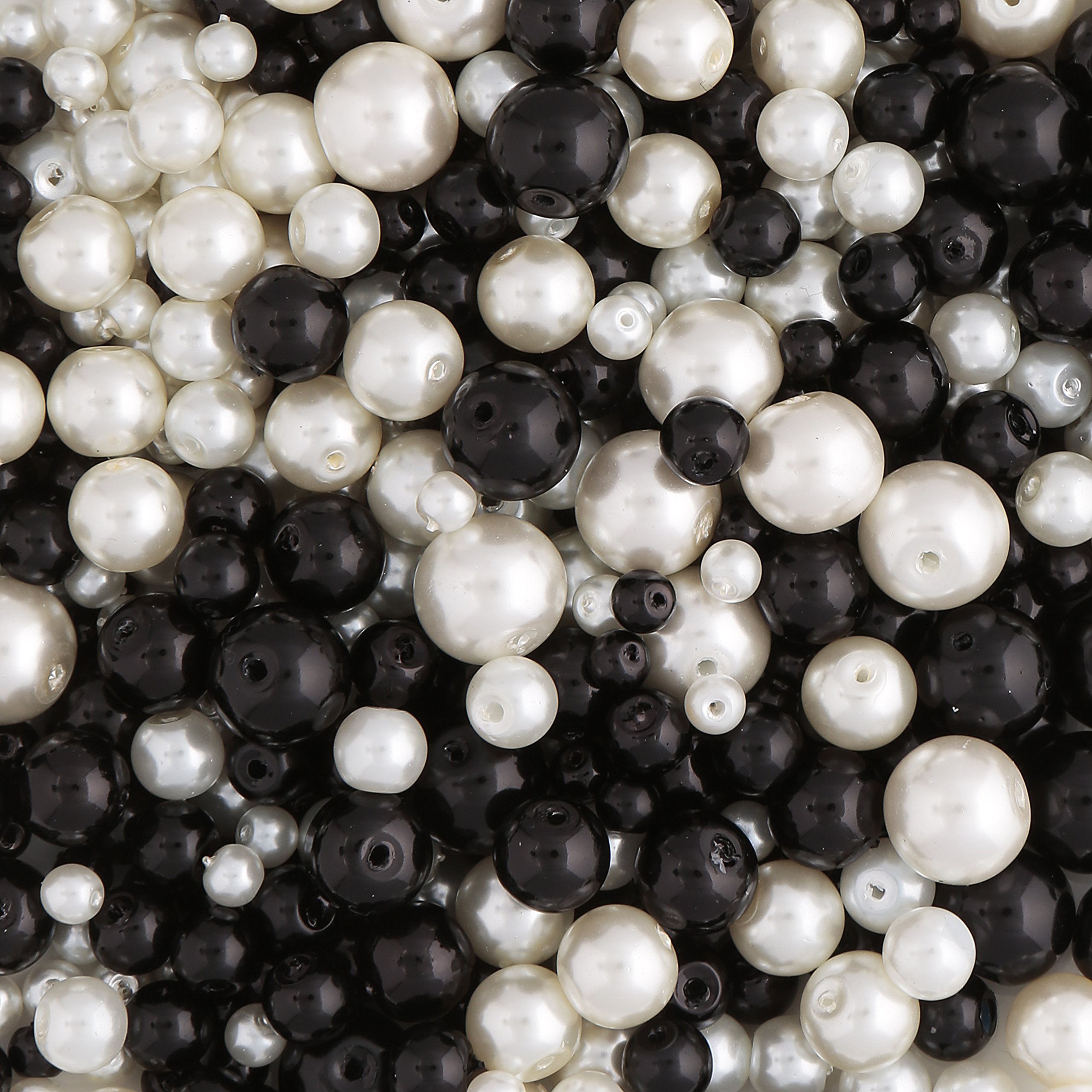 Glass Pearl Round Beads, Black and White Beads with Pearl Treatment; 4mm, 6mm 8mm and 10mm Beads. 490 pcs