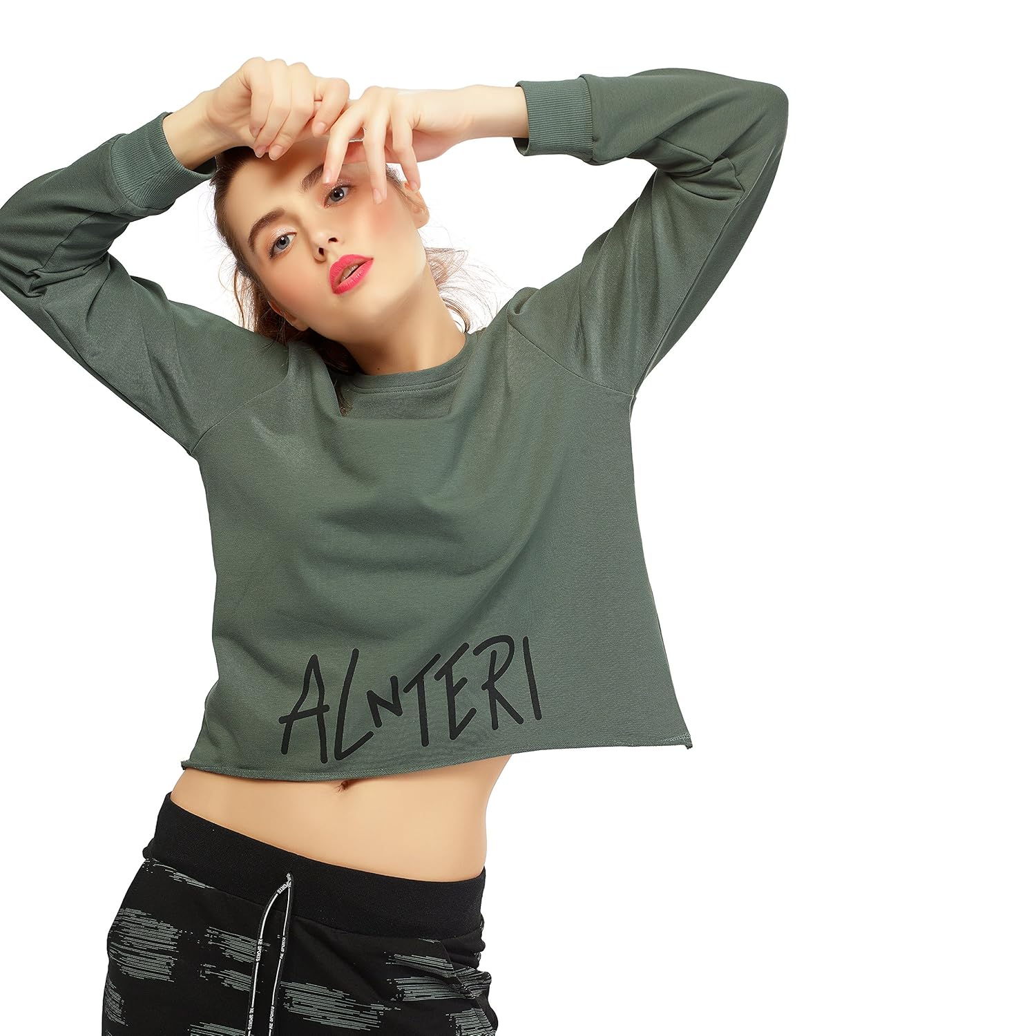 zeyo women heavy cotton olive crop top full sleeve round neck solid plaintees