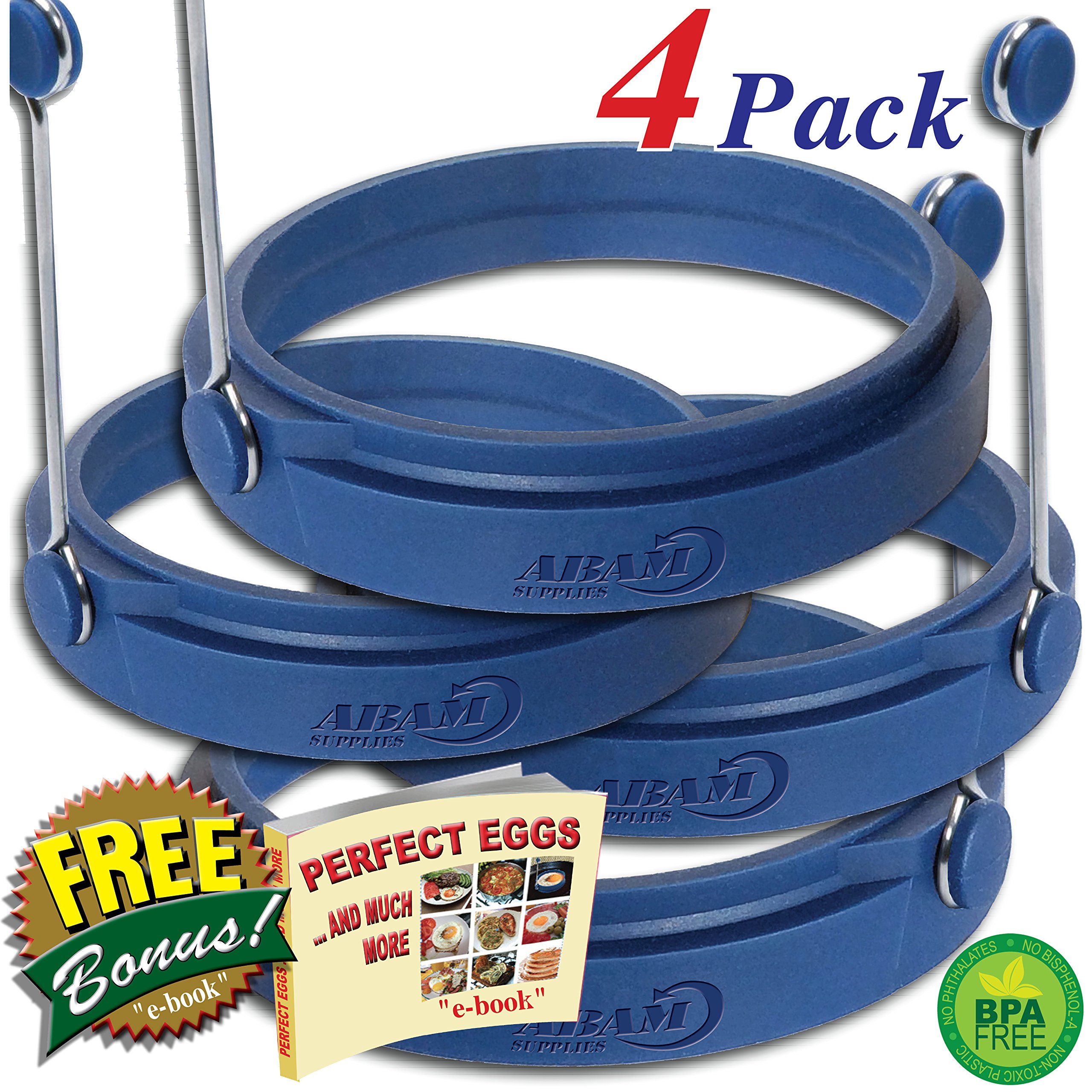 PROFESSIONAL Silicone Egg Ring- Pancake Breakfast Sandwiches - Benedict Eggs - Omelets and More Nonstick Mold Ring Round, Blue (4-pack)