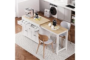 Merax 74.5" Kitchen Island with Extendable Dining Table, Rolling Kitchen Storage Cart on Wheels with Spice Rack & 2 Drawers &