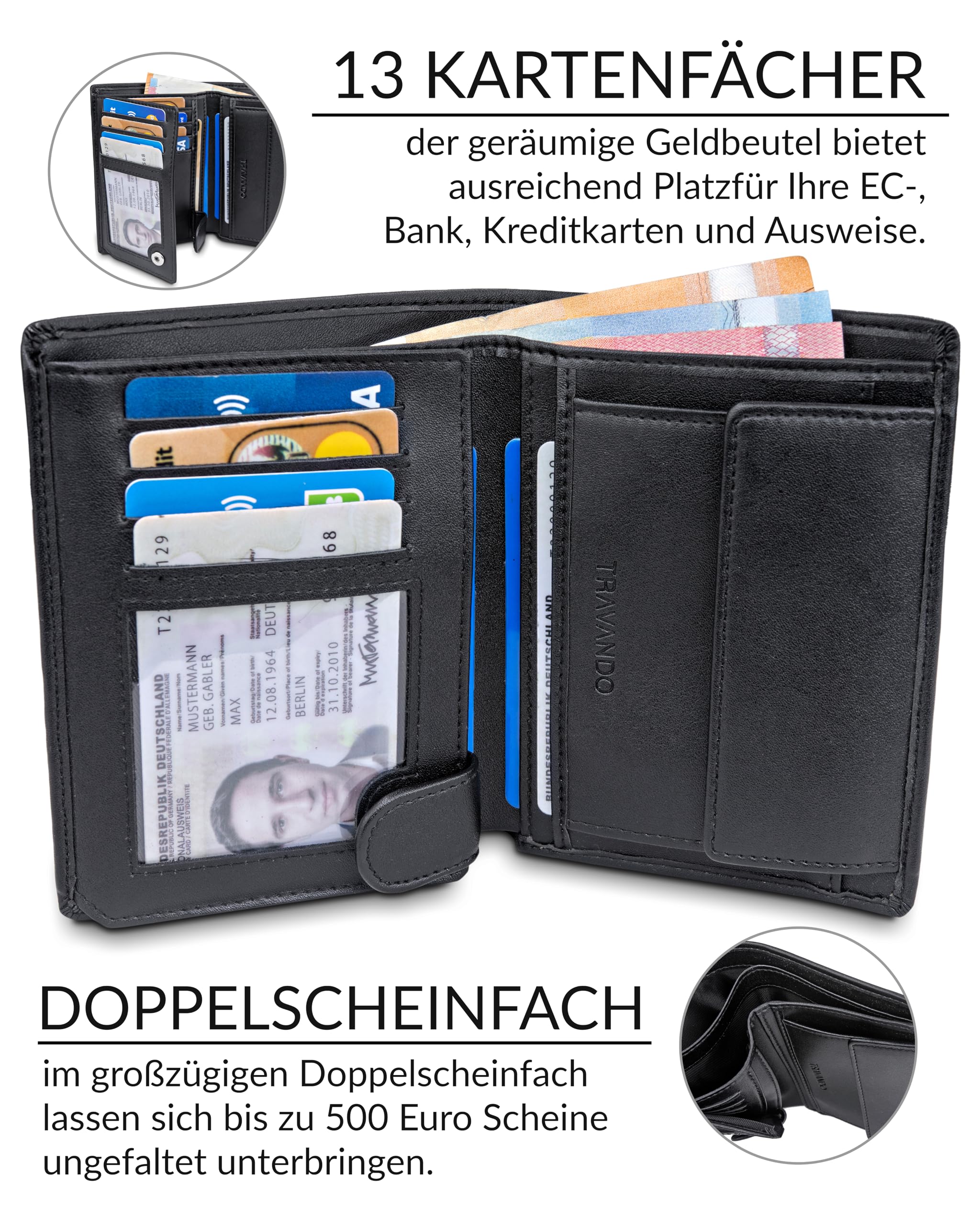 TRAVANDO Geldbörse Herren Dublin - TÜV geprüft - 13 Kartenfächer - Hochformat - RFID Schutz - Geschenk für Männer - inklusive Geschenk Box - Designed in Germany (Schwarz) 2