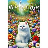 BlissYard Welcome Spring Cat Garden Flag Double Sided 12x18 Inch Cat Garden Flag Small Funny Floral Tulip Cat Flags Vertical Farmhouse Welcome Yard Flags Spring Summer Seasonal Outdoor Porch Decor
