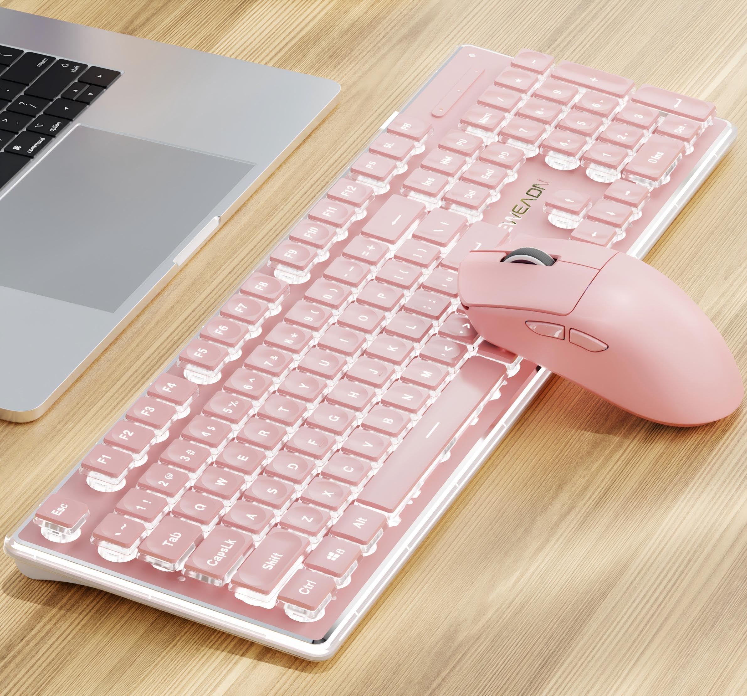 Photo 1 of SEUNKWANG V3 Wireless Keyboard and Mouse with Single Backlit, Metal Panel, Bluetooth/2.4G Rechargeable Computer Keyboard and Mouse Combo Silent Lighted Full Size Cute Keyboards-Pink