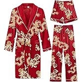 SWOMOG Men's Satin Robe 3 Pcs Silky Kimono Bathrobe Set Lightweight Soft Loungewear Nightwear