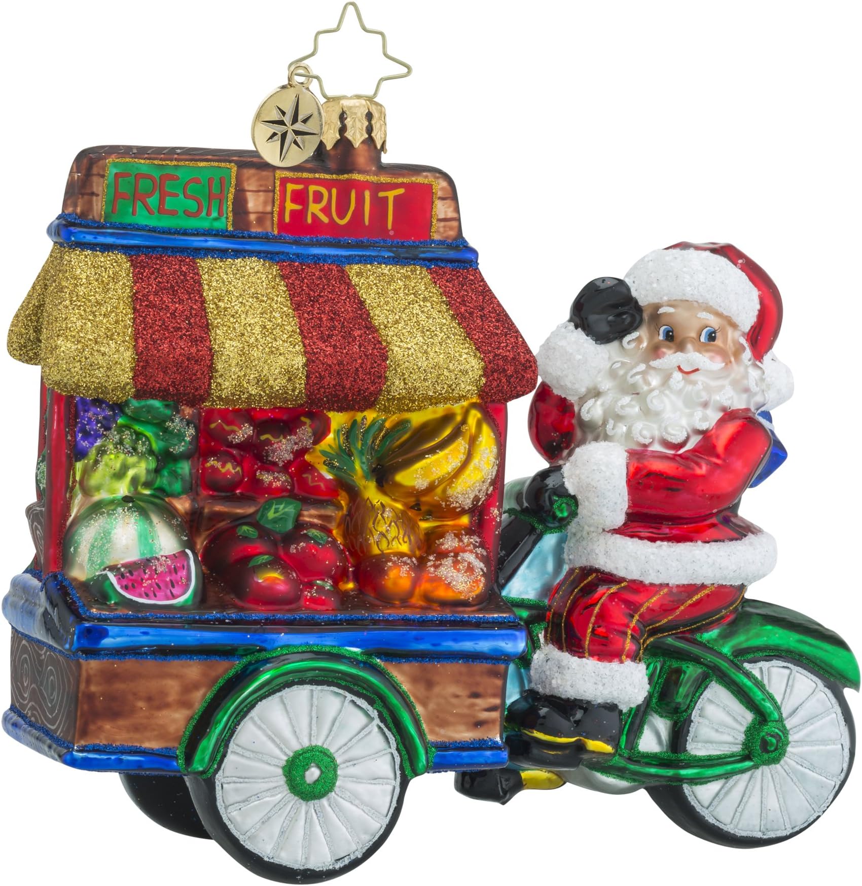 Radko Healthy Haul Santa Fresh Fruit Cart Glass Christmas Ornament