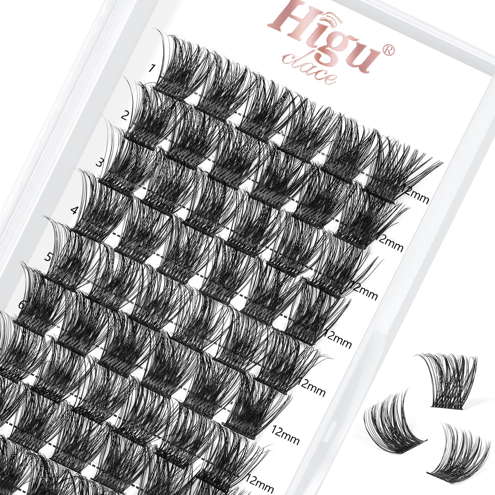 Higu clace Lash Clusters, 72pcs DIY Eyelash Extensions D Curl 12mm Lash Extensions Thin Stem Individual Lashes Cluster Lashes Wispy Reusable Bushy for Self-application (H-02 D Curl 12mm) — image 1