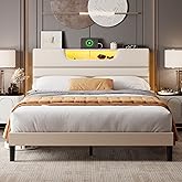 OURPIC Queen Size Bed Frames with Upholstered Headboard, Modern Platform Bed with Charging Station and Led Lights, Bed Frame with Sturdy Wooden Slats/No Box Spring Needed/2-Tier Storage, Beige