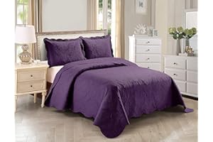 KIDS ZONE HOME COLLECTION Home Collection Kids Zone Over Size Elegant Embossed Bedspread Vintage Floral Pattern, Scalloped Edges, Set Light Weight Solid New# Stacy (Dark Purple, Twin)