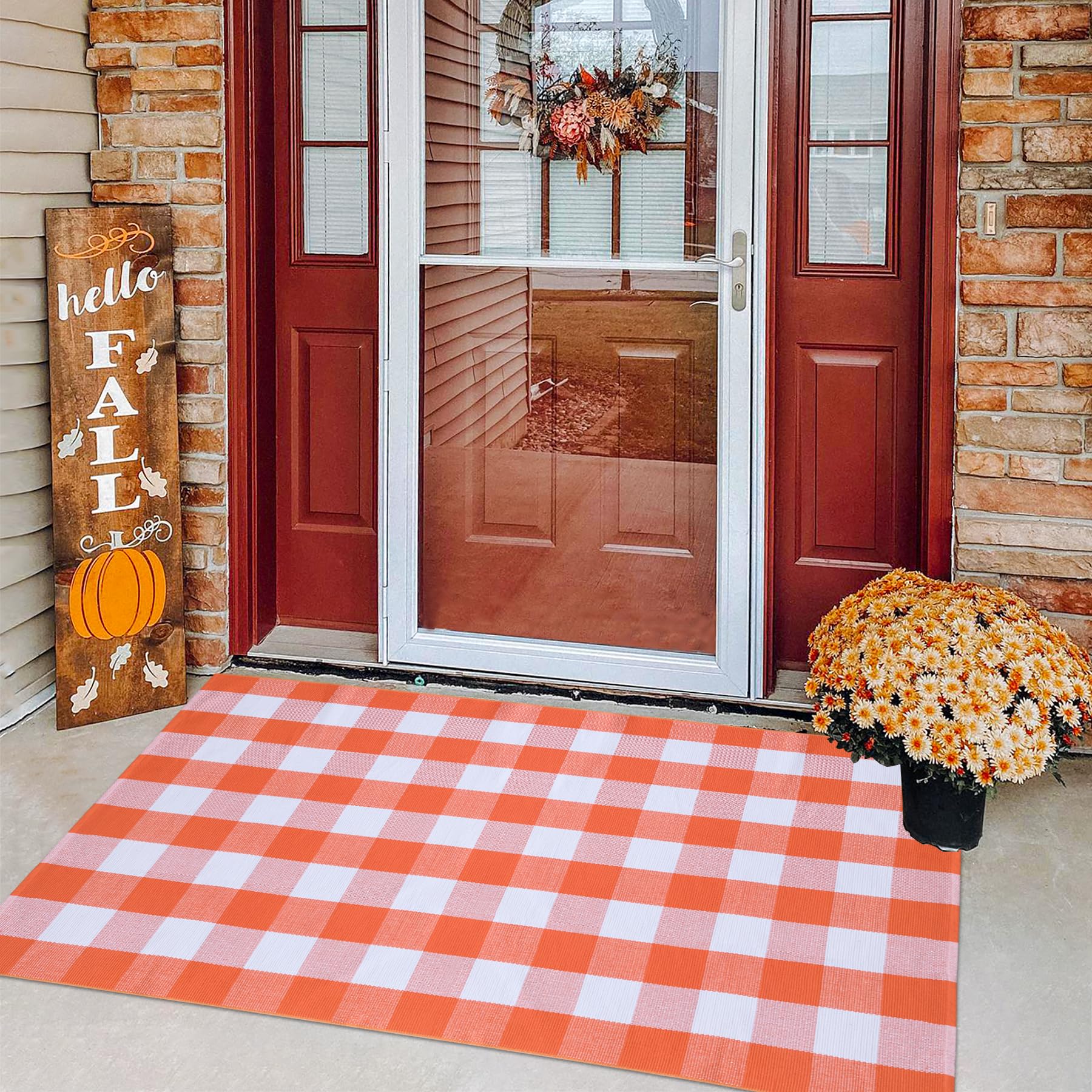 Photo 1 of ???Fall Plaid Area Rug 4x6 Ft, Orange and White Buffalo Check Large Farmhouse Cotton Rug, Hand-Woven Washable Indoor Outdoor Carpet for Halloween Thanksgiving Autumn Porch Patio Decor