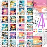 Blosssound 24 Pack Pre Drawn Canvas to Paint Pre Printed Easel Kit, Hawaii | 5 x 7 '', with Paint Pots, Brushes, Colorful Easels, Nature Scenes Bulk, for Painting Party Birthday Beginners Student Adults