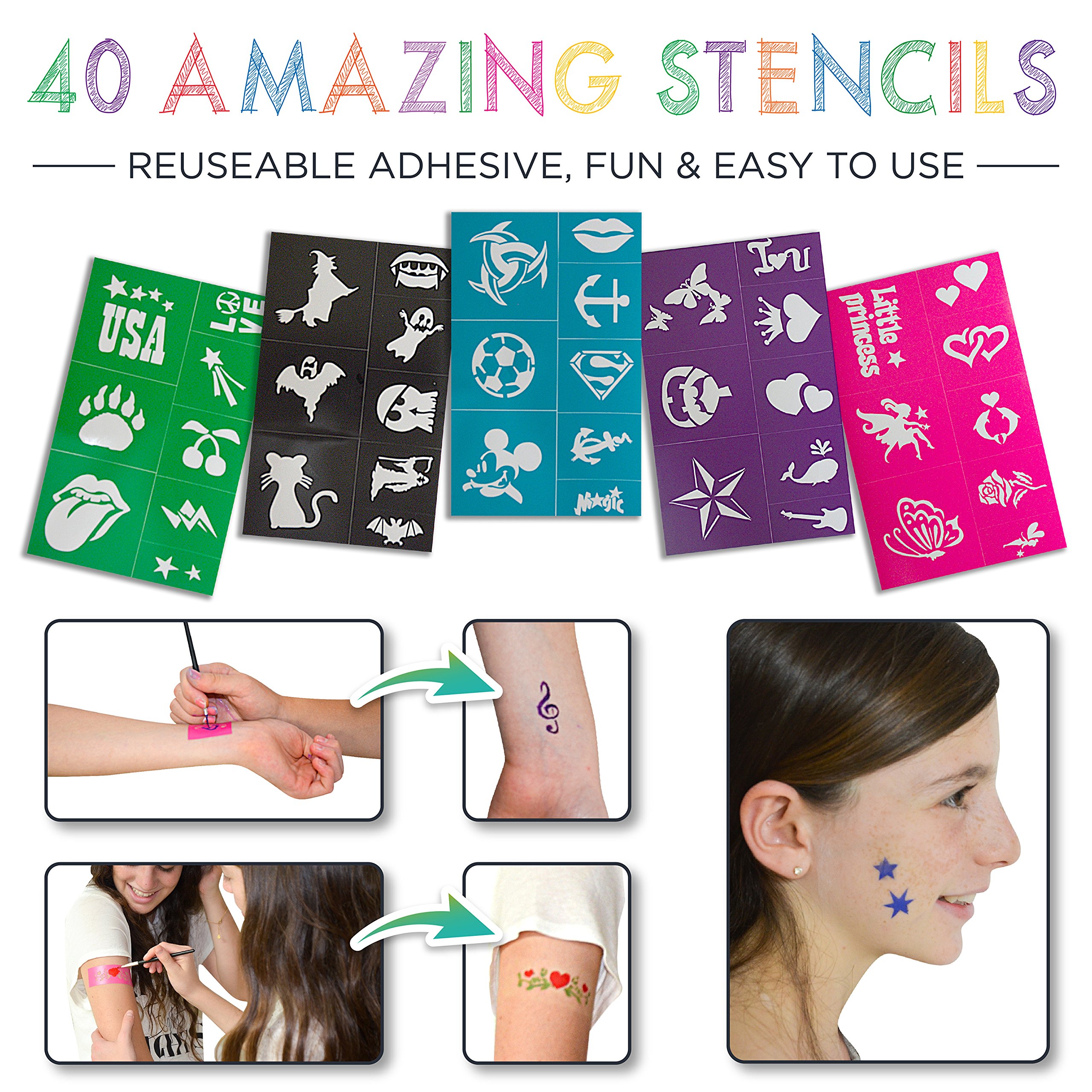 Face painting kits. Free 40 Stencils Included. Use for Body Painting,Birthday, Halloween or Kids Makeup Parties.Our Face Paint Kit Contain Palette 8 Colors, Glitter,Brushes & Sponges
