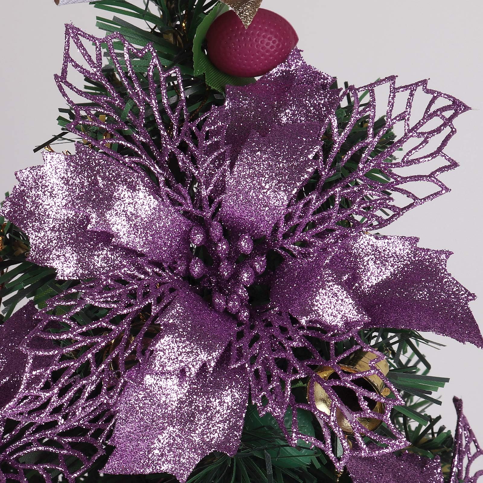RECUTMS 10 Packs Christmas Glitter Poinsettia Flowers Artificial Christmas Flowers Decorations Wedding Xmas Tree New Year Ornaments Xmas Garland Wreath DIY Decorations Supplies(Light Purple)