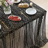 Horaldaily Black Gold Star Gauze Tablecloth 60x84 Inch Rectangular | Golden Sequin, Sheer Tulle Cheesecloth, Wedding Baby Shower Ceremony Birthday Decor