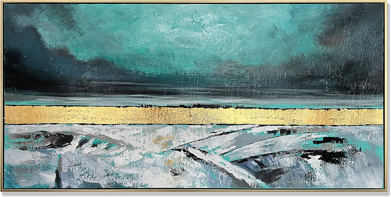 Paintings - Slyart Blue and Gold Painting, Golden Framed Abstract Painting, Large Oil Painting on Canvas Texture Wall Art, Landscape Artwork for Wall Decor