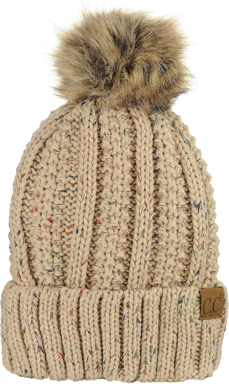 C.C Thick Cable Knit Faux Fuzzy Fur Pom Fleece Lined Skull Cap Cuff Beanie, Black at  Women’s Clothing store