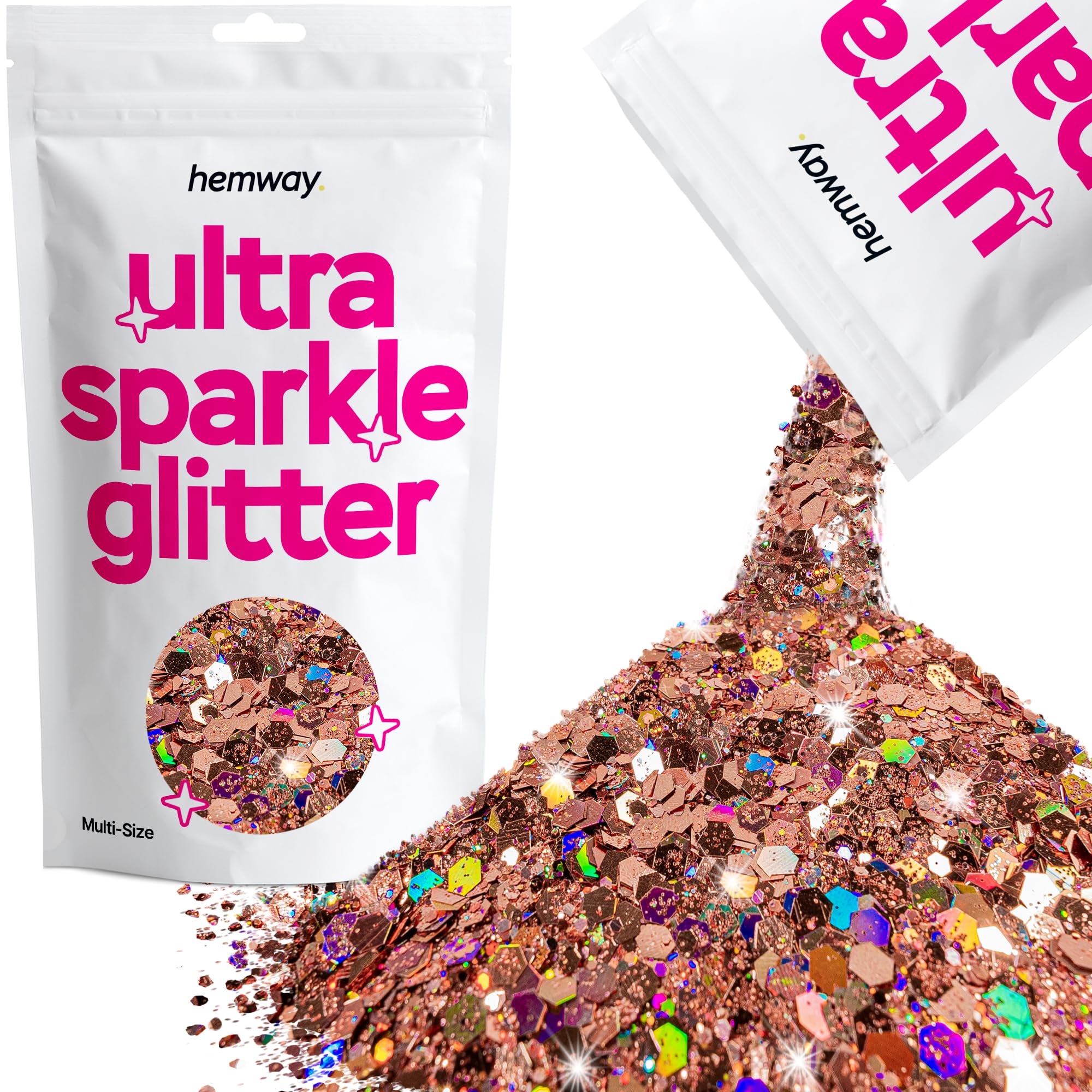 Hemway Ultra Sparkle Glitter Rose Gold Holographic 100g Multi Size | Glitter for Arts & Craft, Makeup, Nail Art, Crafting, Card Making, Sparkle Decoration