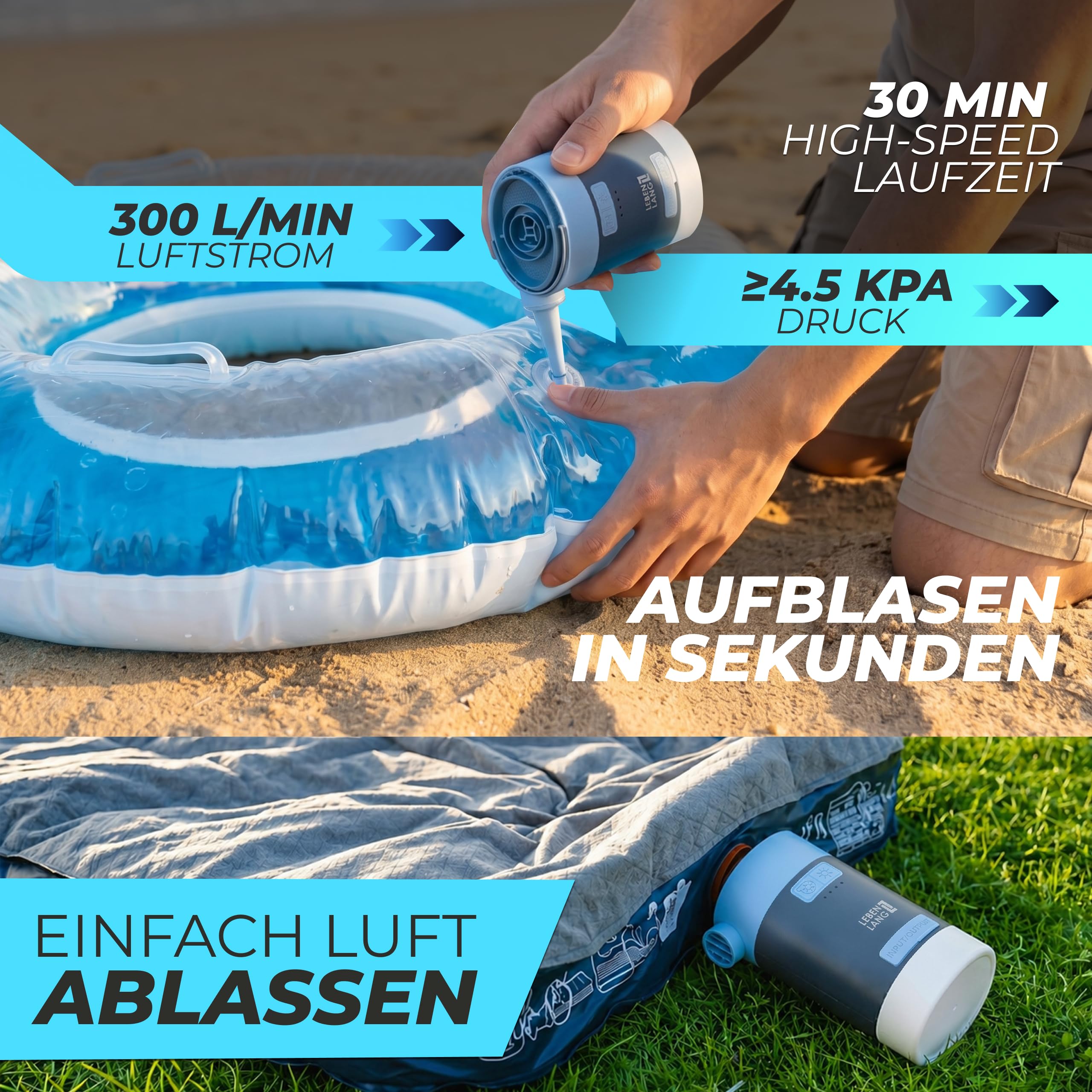 LEBENLANG 3 in 1 Elektro Luftpumpe Akku - 4,5kPa & 4000mAh mit Solarpanel 3