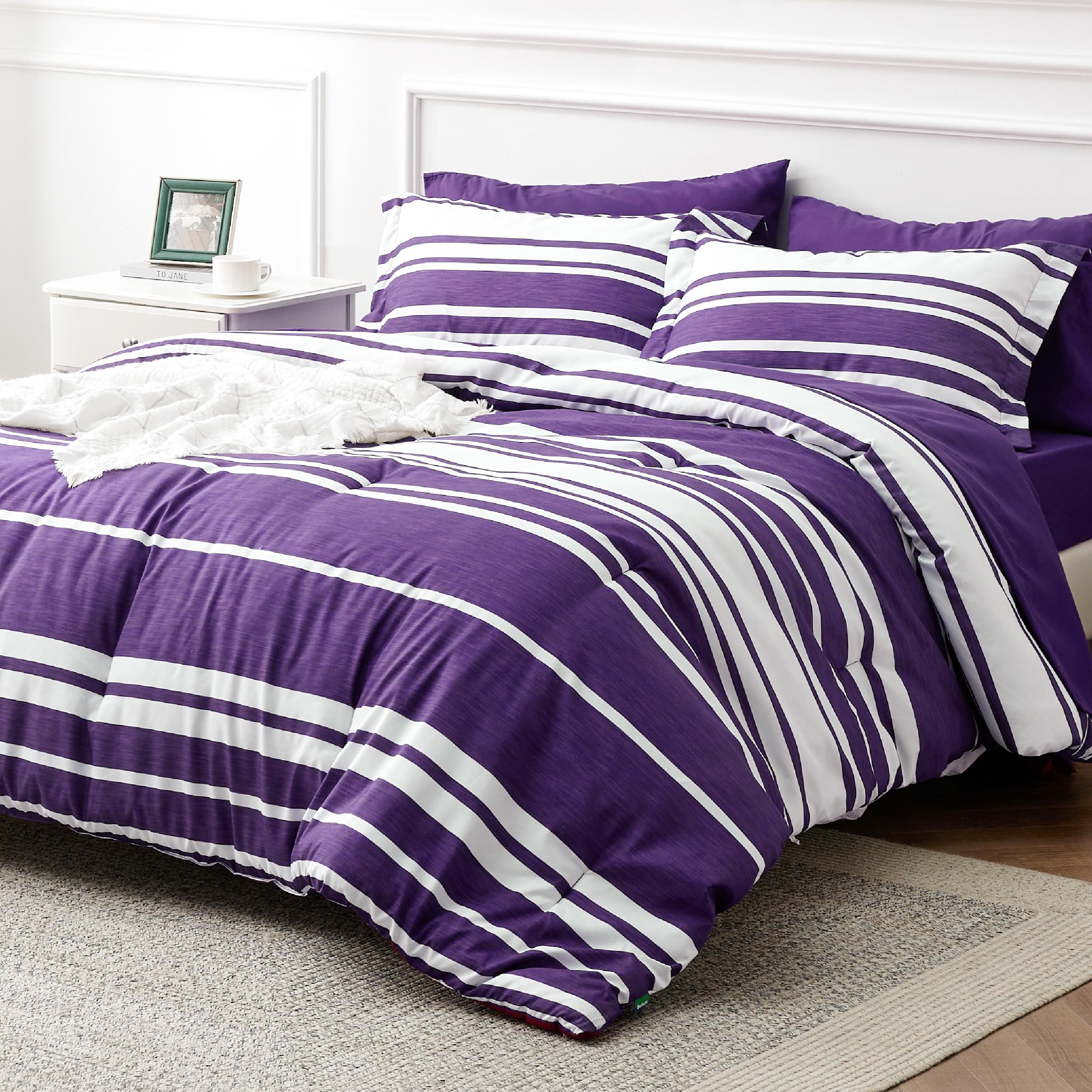 Bedsure California King Comforter Set 7 Pieces, Purple Striped Bedding Set for All Seasons, Reversible, Cationic Dyeing Bed in a Bag with Comforter, Sheets, Pillowcases & Shams