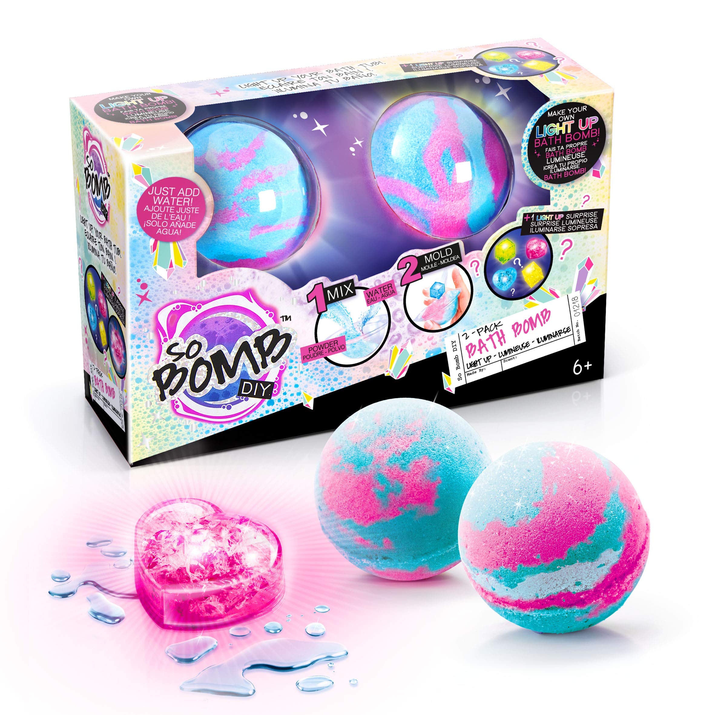 Canal Toys - So Bomb DIY - DIY Glowing Bath Bomb Kit - Make 2 Effervescent Bath Bombs with Light-Up Surprise - for Children 6 Years+ - Easy Mixing with Water and Included Moulds - BBD 032