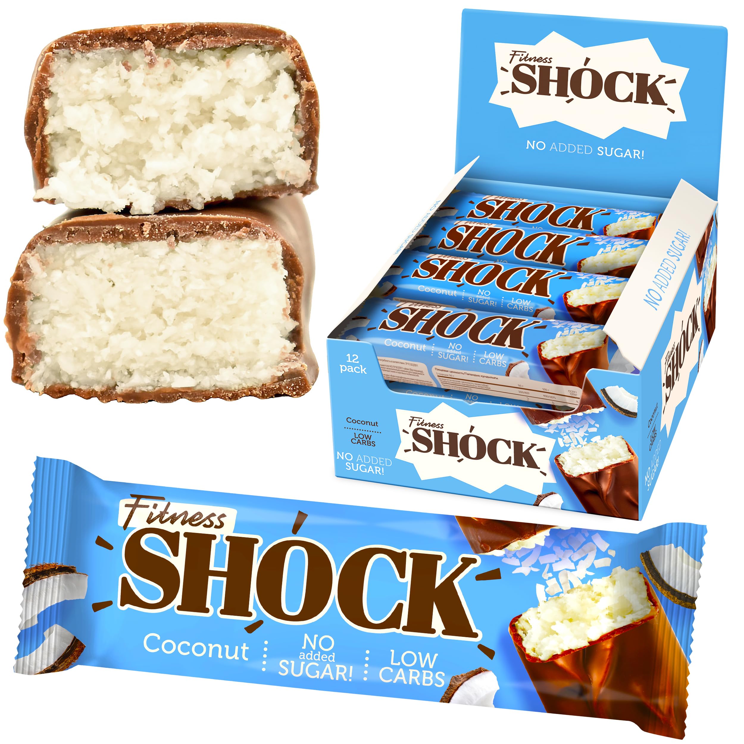 Fitnesshock Protein Bars No Added Sugar, Low Carb, High Fiber Snack – Palm Oil Free, Rich in Flavor | Coconut | 12x50g