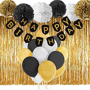 PAXCOO Negro y Oro Feliz Cumpleaños Banner con Tissue Pom Poms Fringe