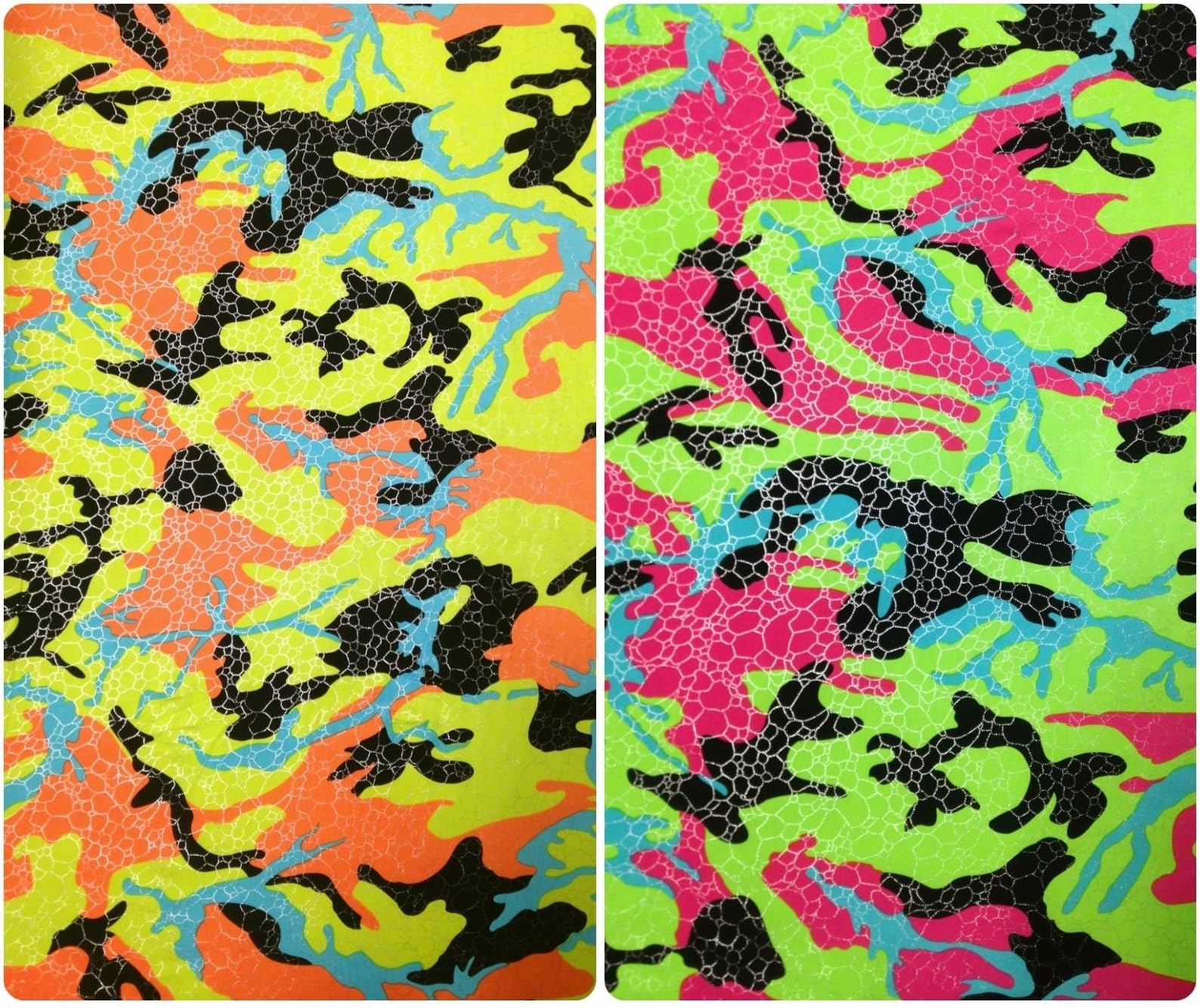 Bright Camouflage Pattern w/Shiny Silver Foil on Stretch Lightweight Knit Jersey Polyester Spandex Fabric by The Yard (Green/Pink)