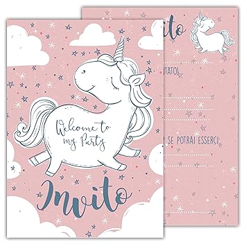 Partycards Set Di 12 Inviti Compleanno Biglietti Invito Per Festa Compleanno Per Bambini E Adulti In Italiano Unicorno Rosa