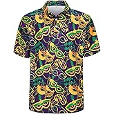 Kosgraiy Mardi Gras Polo Shirt for Men,Funny Mardi Gras Golf Shirts Mens Hawaiian Short Sleeve Golf Polo Shirt