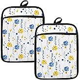 HUGANE Blue and Yellow Floral Oven Mitts Set, Blue Flower Floral Heat Resistant Kitchen Oven Gloves for Baking and Cooking,Pot Holders