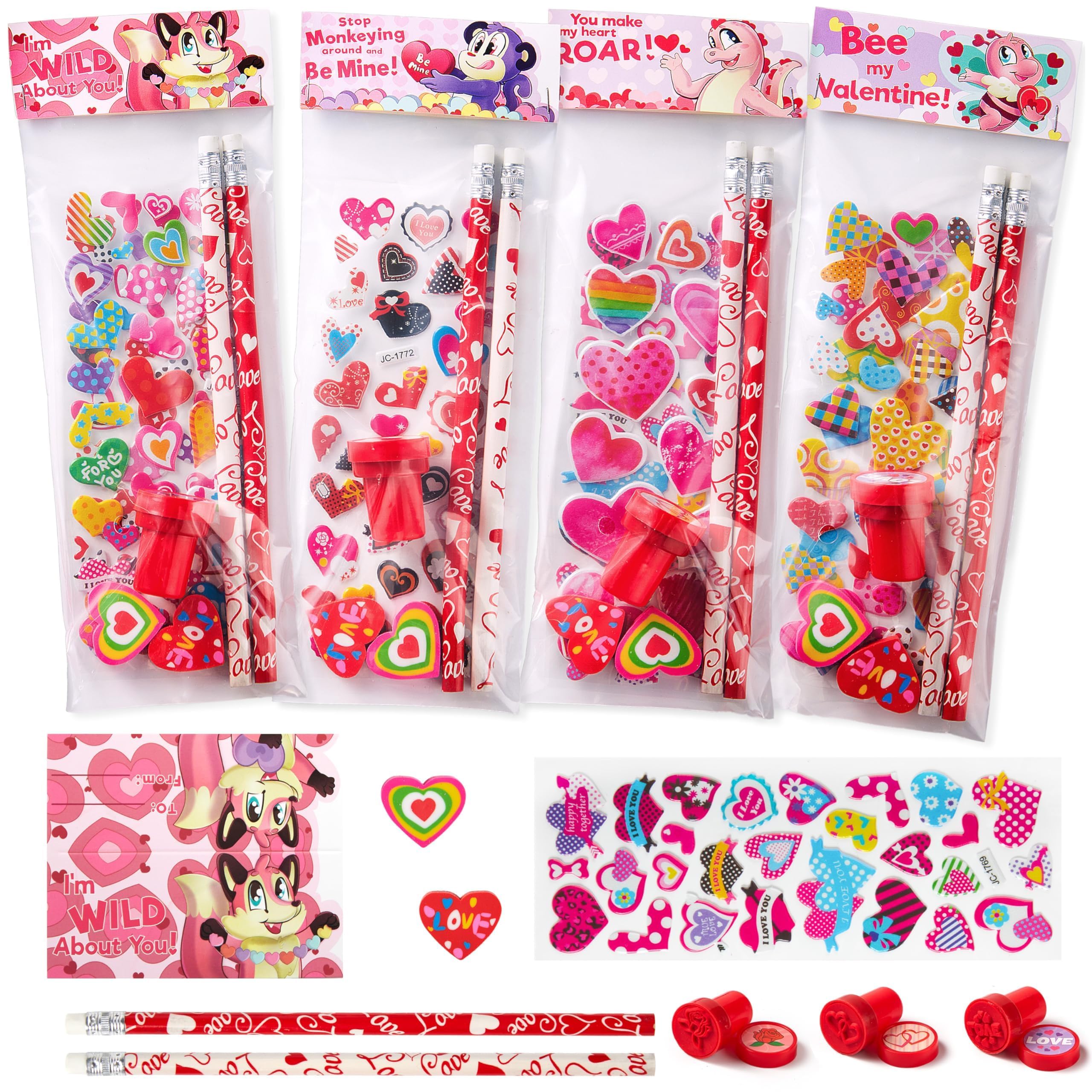 JOYIN 28pcs Valentine Stationery Kids Gift Set, Classroom Exchange Party Favor for Holiday Reward Prizes - Includes Pencils, Erasers, Stamper, Stickers