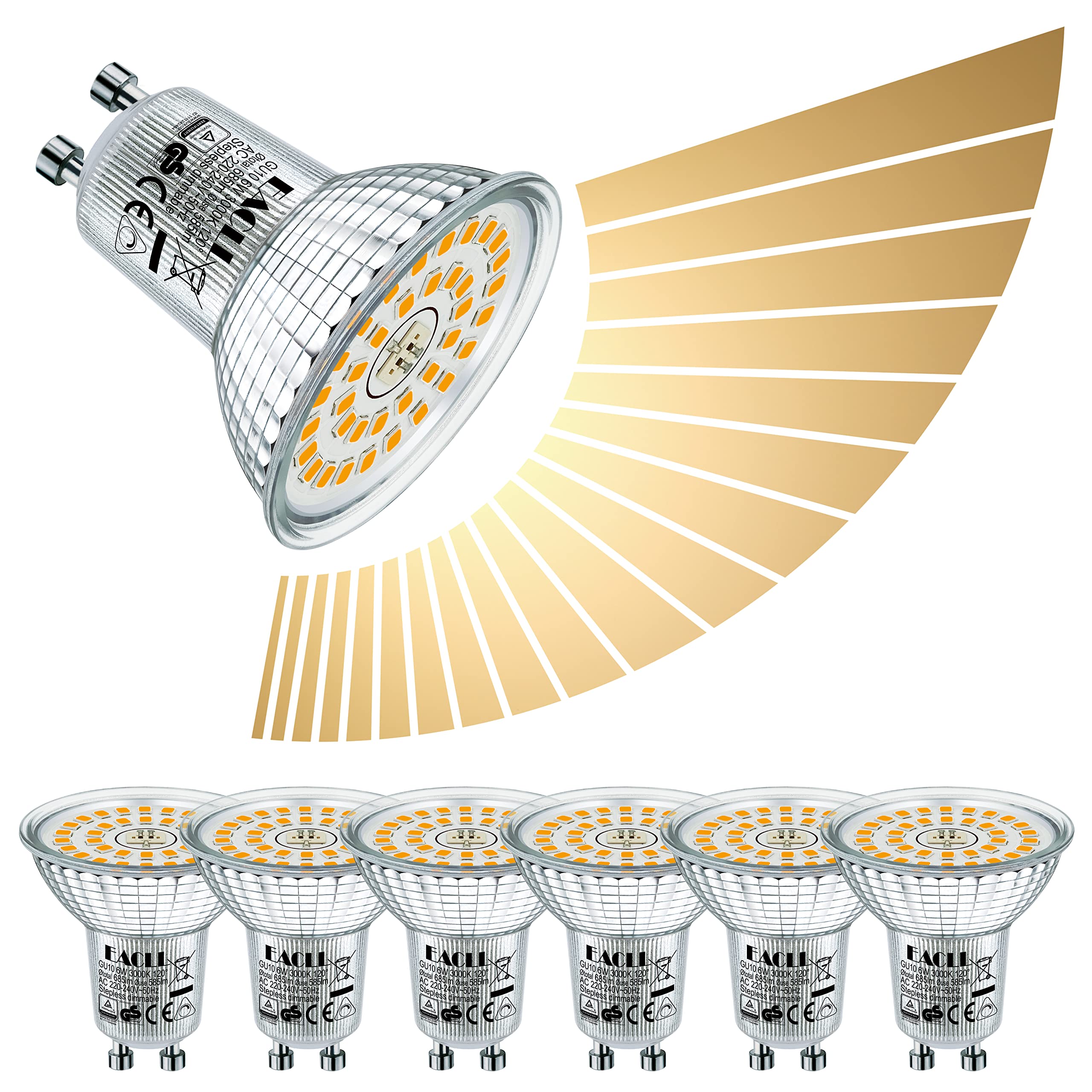 EACLL GU10 LED Bulbs Warm White Dimmable 6W 3000K Equivalent 80W Halogen, Pack of 6. 585 Lumen Energy Saving Light Source, Stepless Continuous Dimming Spotlight, Wide Beam 120° PAR16 Reflector Lamp