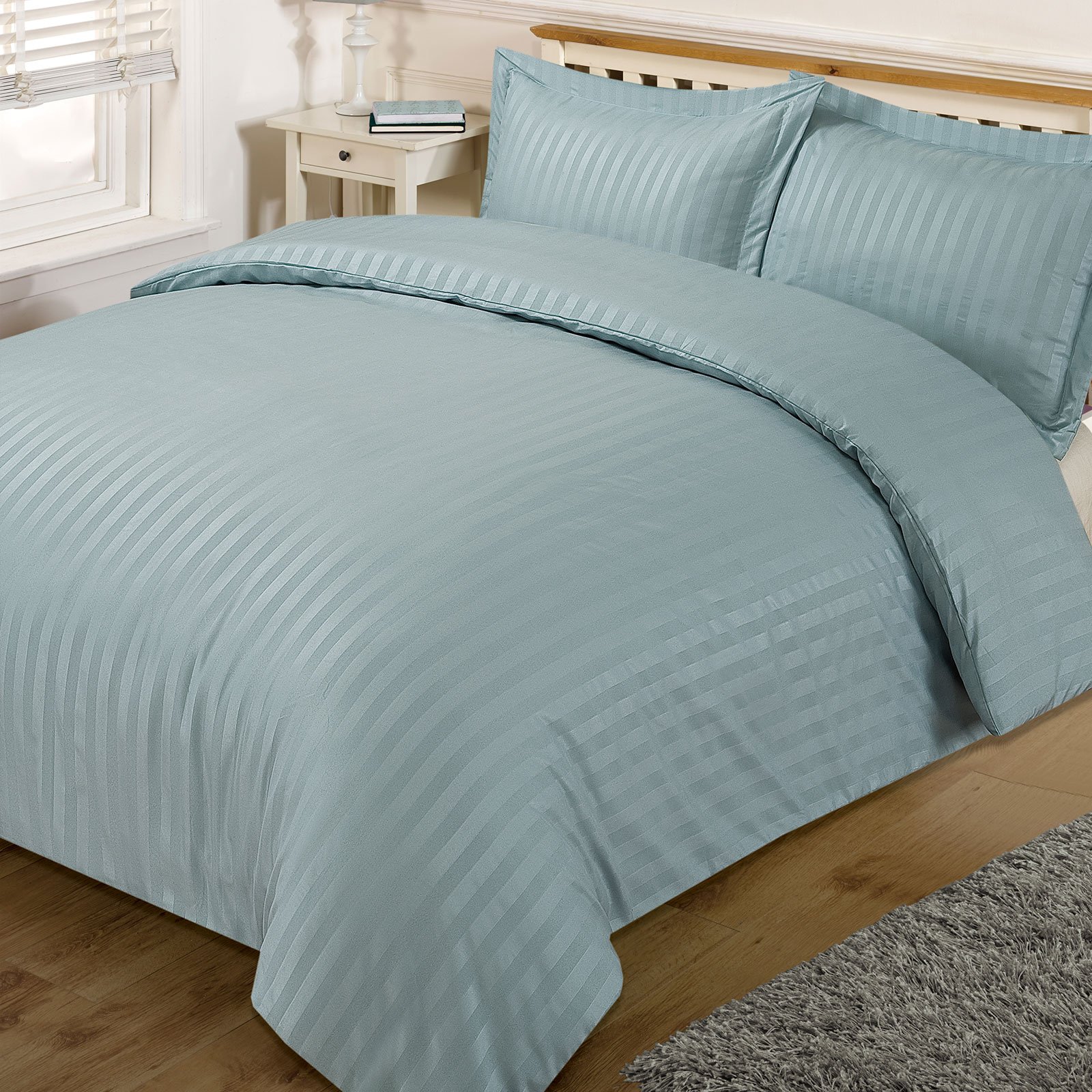 Dreamscene Satin Stripe Beautiful Soft Fresh Comfortable Simple Eyecatching Duvet Cover Bedding Set, Duck Egg Blue - Double