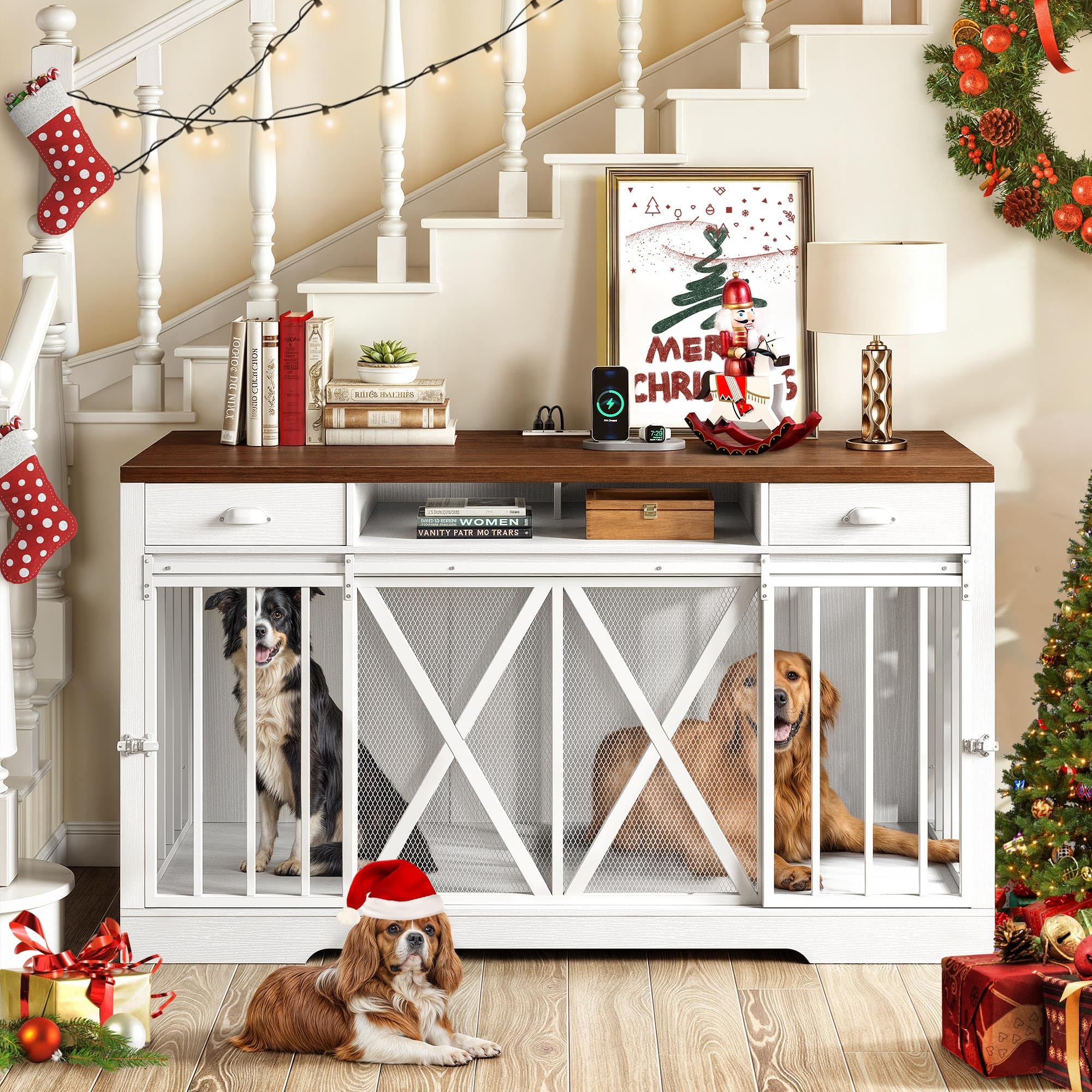 Photo 1 of *INCOMPLETE**BOX 1 OF 2 ONLY** DWVO 63 Inch Double Dog Crate Furniture for 2 Dogs, Heavy Duty Wooden Dog Crate TV Stand with Charging Station, Dog Kennel Indoor Furniture Double Sliding Barn Door Design Ideal for 2 Dogs, White