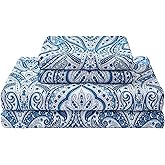 Softan Blue Paisley Printed Queen Size Sheet Set, Blue Floral Sheets Queen, Cozy Microfiber Fitted Sheet with 15" Deep Pocket & Non-Slip Straps, Flower Patterned Sheets & Pillowcase Sets