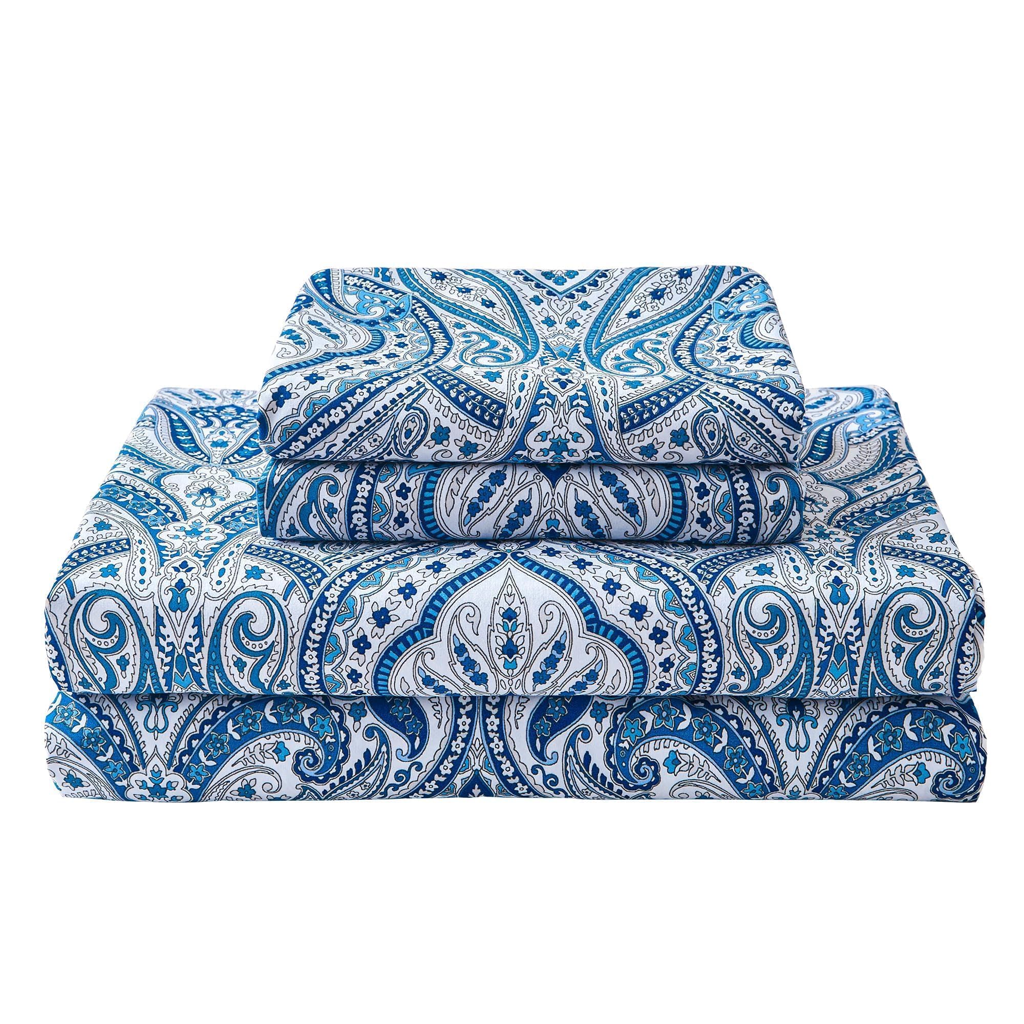 Photo 1 of Blue Paisley Printed Queen Size Sheet Set, Blue Floral Sheets Queen, Cozy Microfiber Fitted Sheet with 15" Deep Pocket & Non-Slip Straps, Flower Patterned Sheets & Pillowcase Sets