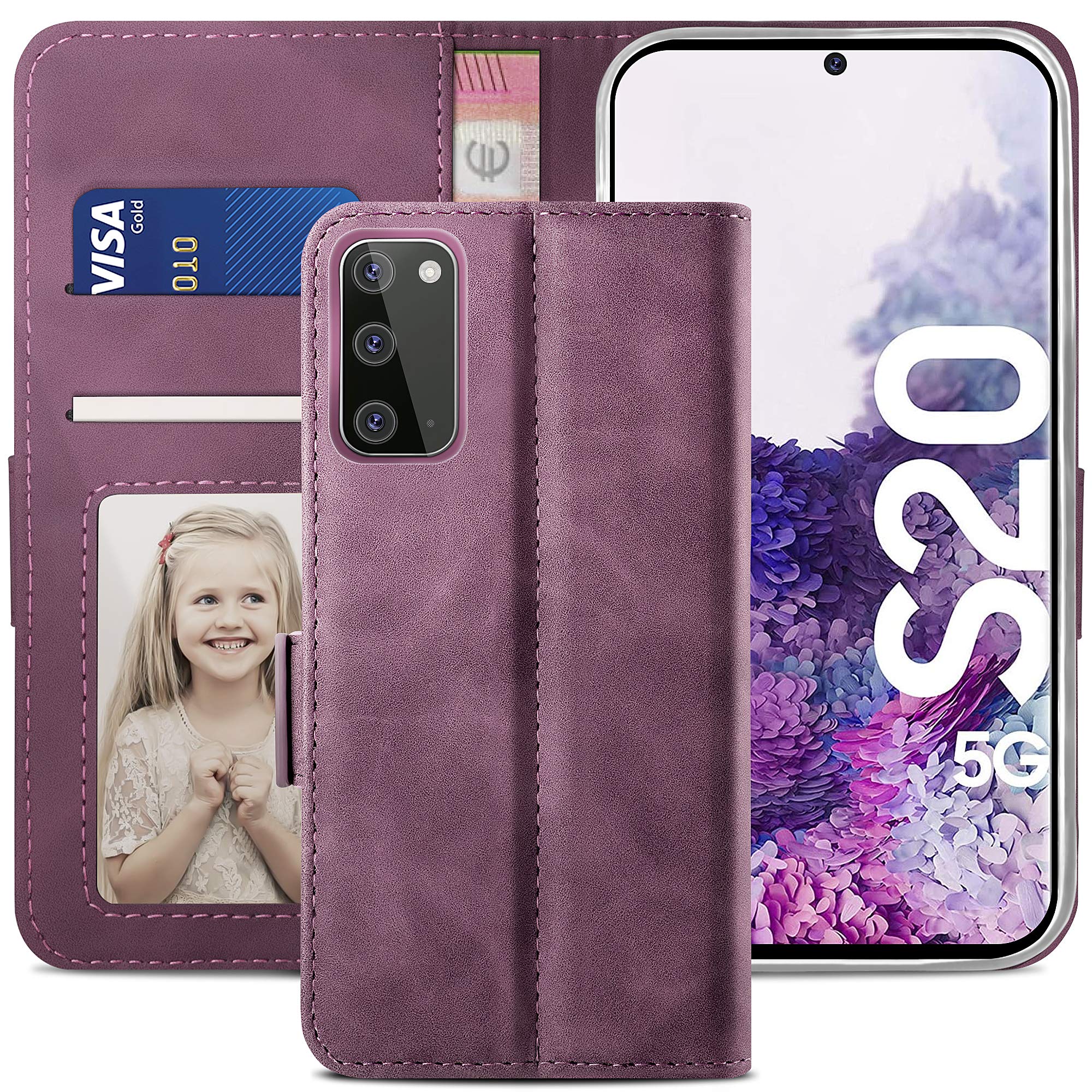YATWIN Compatible with Samsung Galaxy S20 Case, Flip Wallet Leather Case with Card Slot and Shockproof Function Kickstand Phone Cases Cover for Samsung S20 4G/5G - Wine Red — image 1