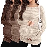 Sweetyweee 3 Pack Maternity Sweaters Long Sleeve Ribbed Maternity Shirts Lightweight Stretch Pregnancy Tops Winter Layering