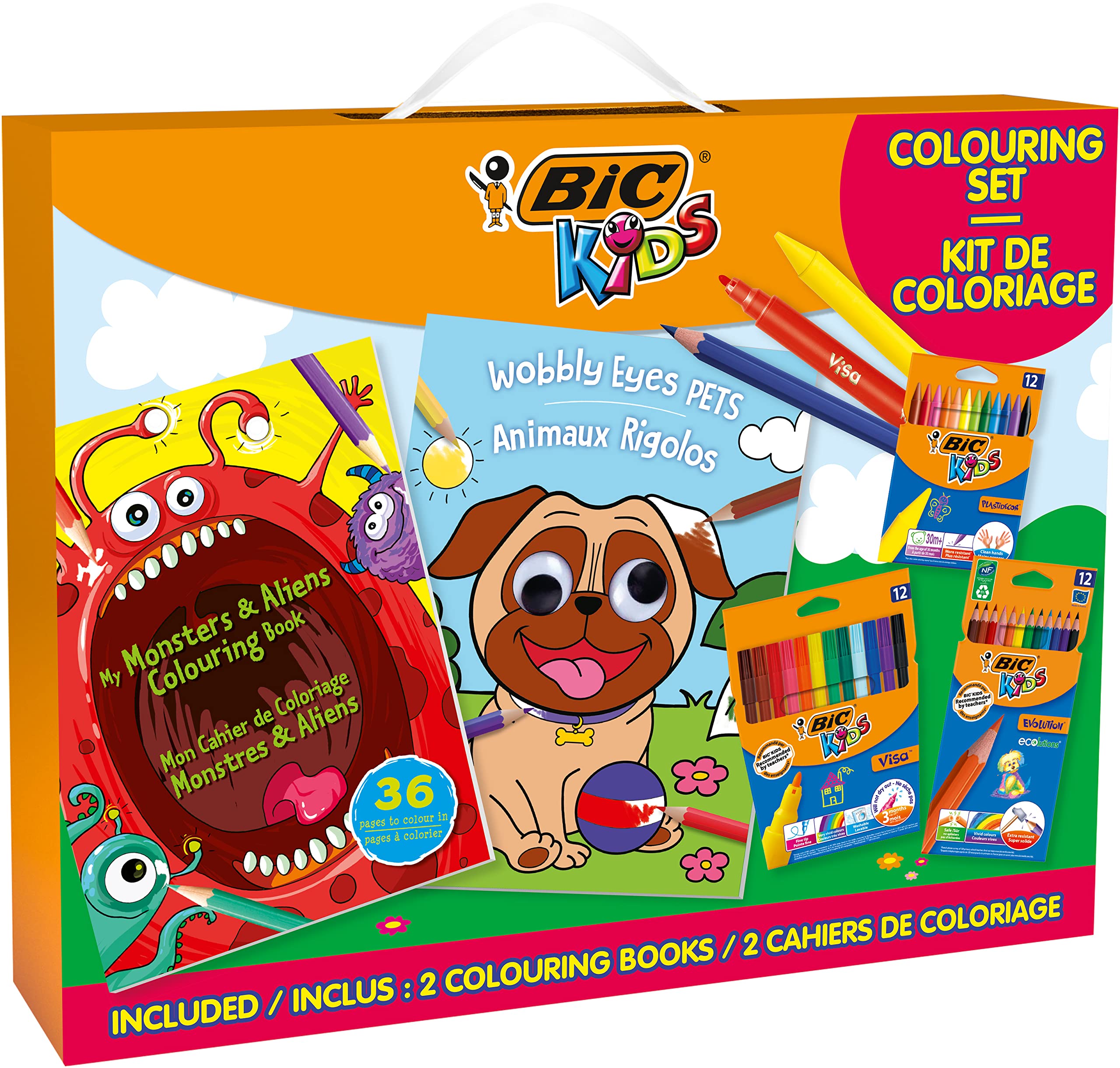Bic Kids Colouring Set, 12 Visa Colouring Felt Tip Pens, 12 Evolution Coloured Pencils, 12 Plastidecor Crayons, 2 Kid Colouring Books, School Supplies, 38 Pack